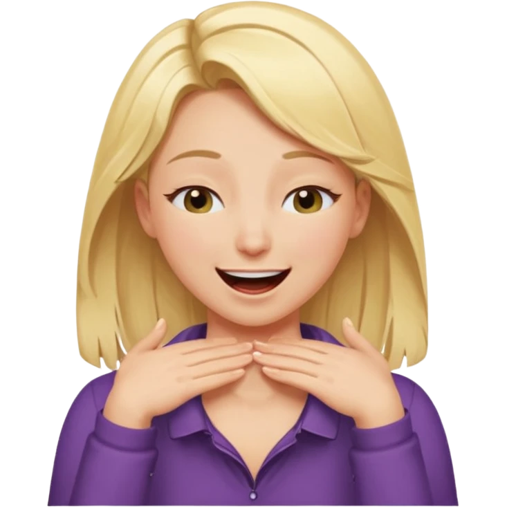 Happy blonde girl with eyes closed and mouth wide open and hands cupped around her neck - her eyes are squinty with excitment mo emoji
