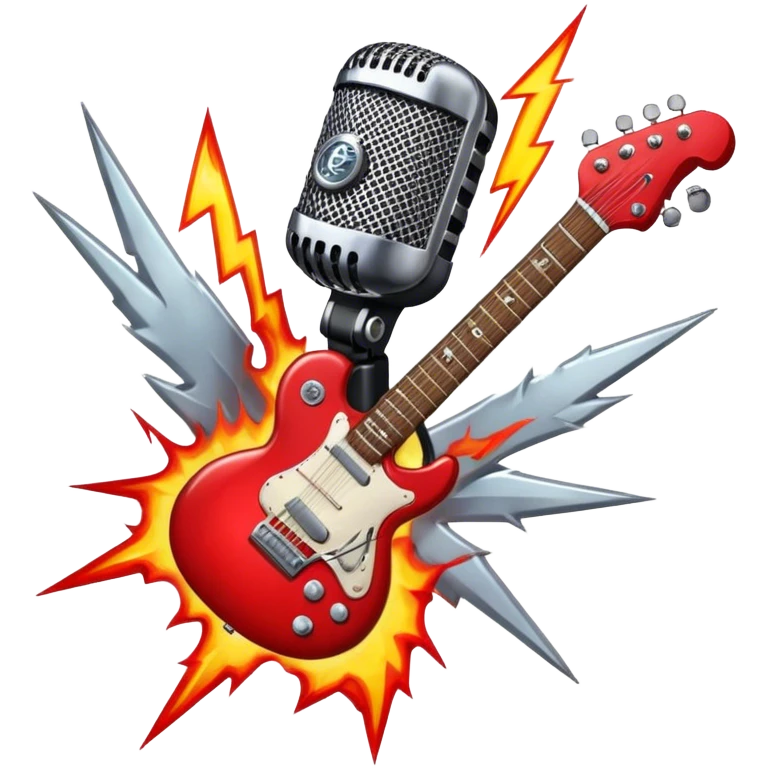 Create a bold and dynamic emoji representing rock vocal performance in a humanless collage. The design should feature a vintage microphone at the center, surrounded by key rock elements like an electric guitar, drumsticks, and a guitar pick. Include symbols of energy, such as lightning bolts or flames, and subtle musical notes or sound waves to evoke the raw power of rock vocals. Use dark, bold colors like black, silver, and red, with hints of chrome or metallic accents to convey the edgy, rebellious spirit of rock music. The background should be transparent. emoji