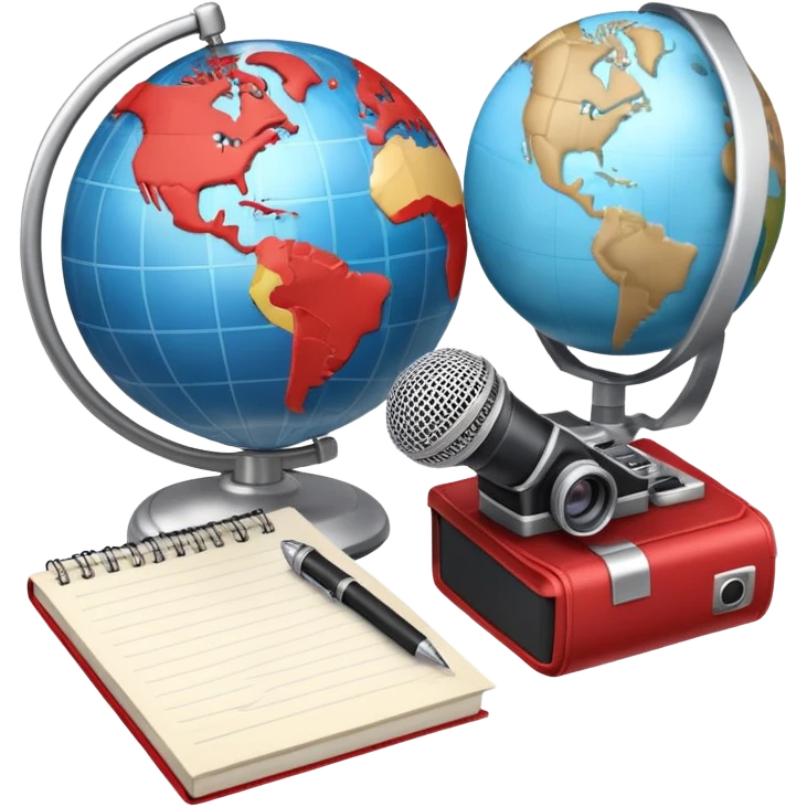 An icon showing a microphone, a notepad, and a camera, symbolizing journalism. The design includes a globe in the background, representing global news, and a breaking news banner for emphasis. Transparent background highlights the dynamic world of media and reporting. emoji