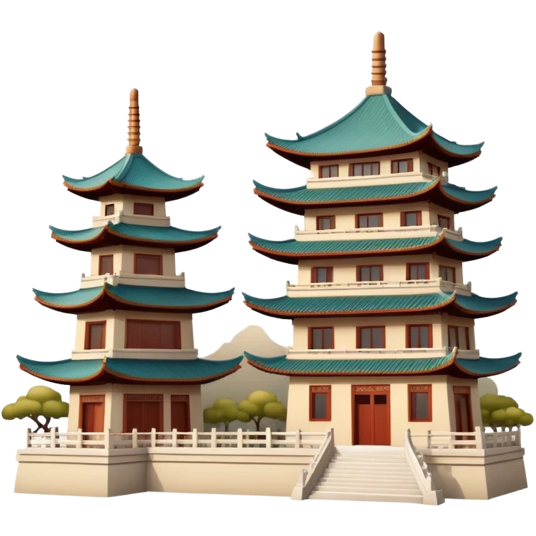 Traditional Chinese architecture with pagoda roofs, natural colors, balanced tones, classic emoji style emoji