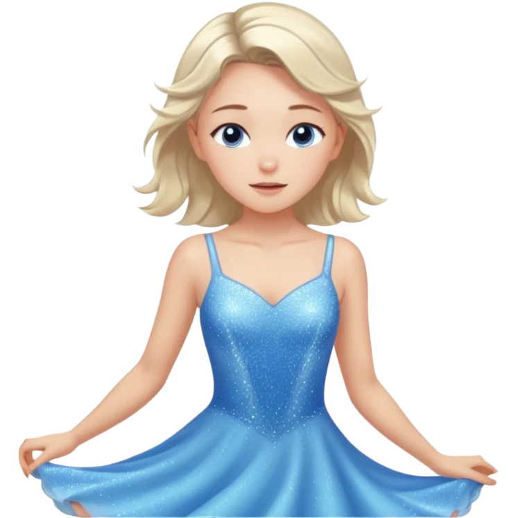 The ice skater girl in the sparkling blue dress spins gently with her eyes closed. emoji