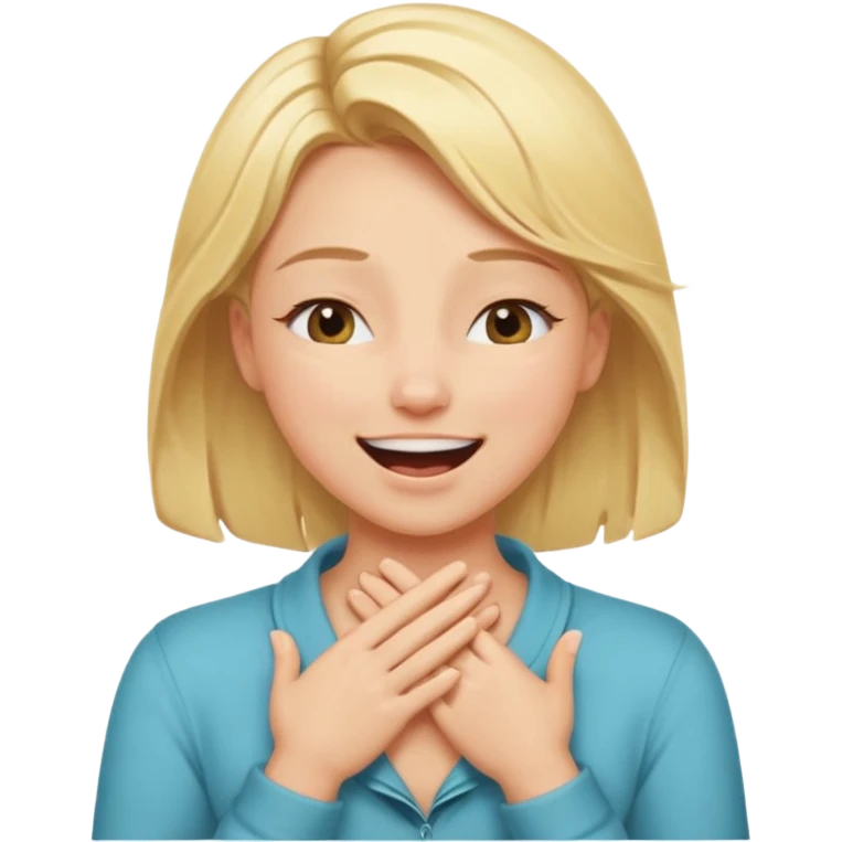 Happy blonde girl with eyes closed and mouth wide open and hands cupped around her neck - her eyes are squinty with excitment mo emoji