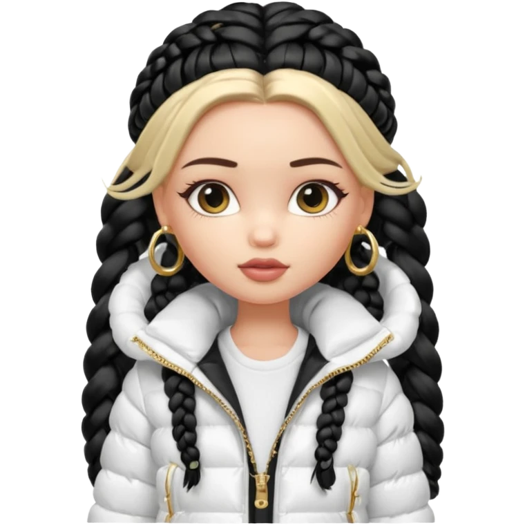 generate a pretty bratz girl with a WHITE puffer jacket, hoops, long braided hair black emoji