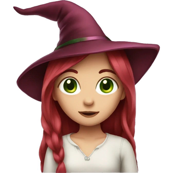 girl long dark red hair green eyes and pink witch hat emoji