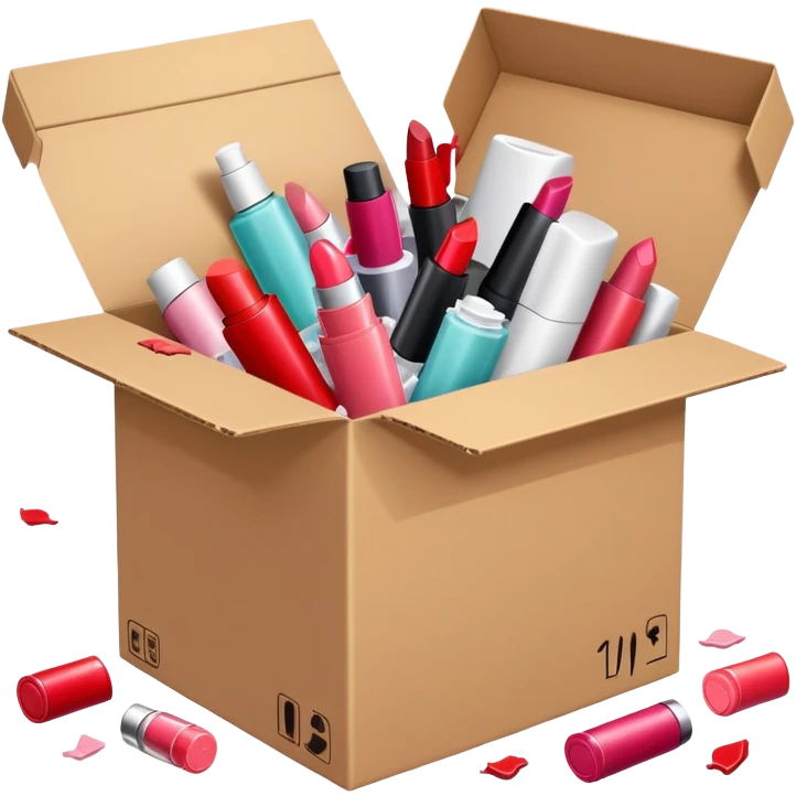cardboard box bursting open with lipsticks, shampoo, and nail polish scattered everywhere, symbolizing disorganization emoji