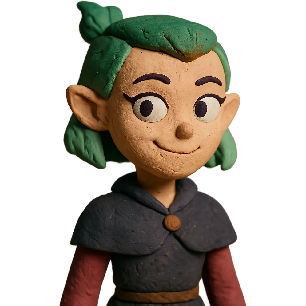 Amity as a claymation figure with a friendly expression emoji