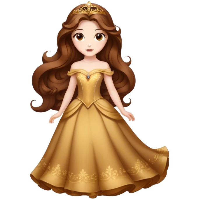 Cinematic Stunning Belle Portrait Emoji, Deep brown eyes full of curiosity, long chestnut hair flowing in soft waves, wearing her golden ballroom gown, glowing with warmth and elegance, a princess whose beauty is as radiant as her mind! emoji