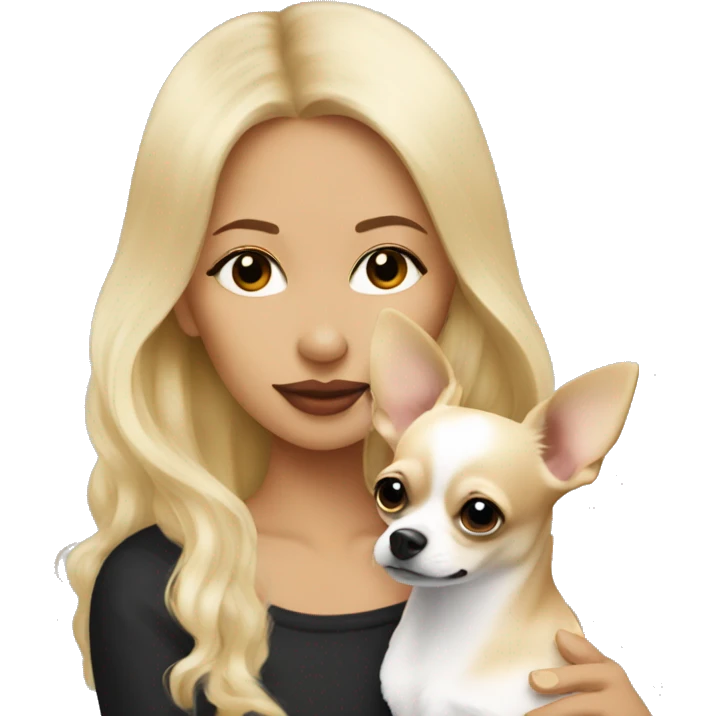 Blonde woman kissing her chihuahua, the chihuahua is black and white, long coated  emoji