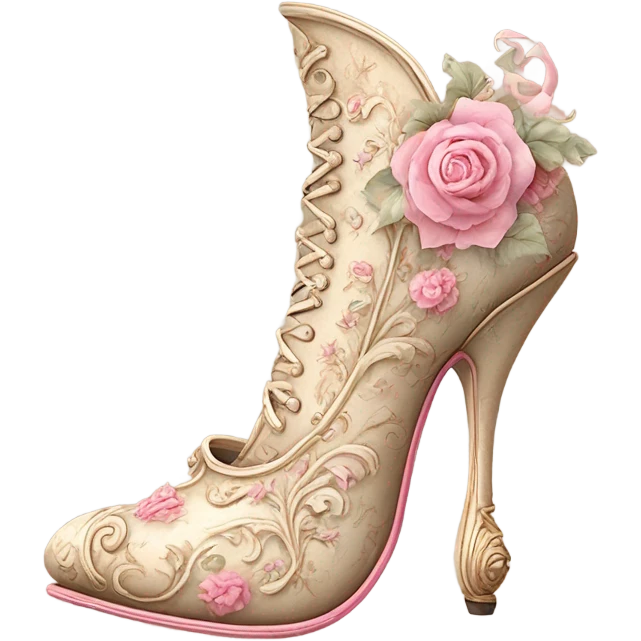 Realistic, detailed rococo shoe, beige and pink emoji