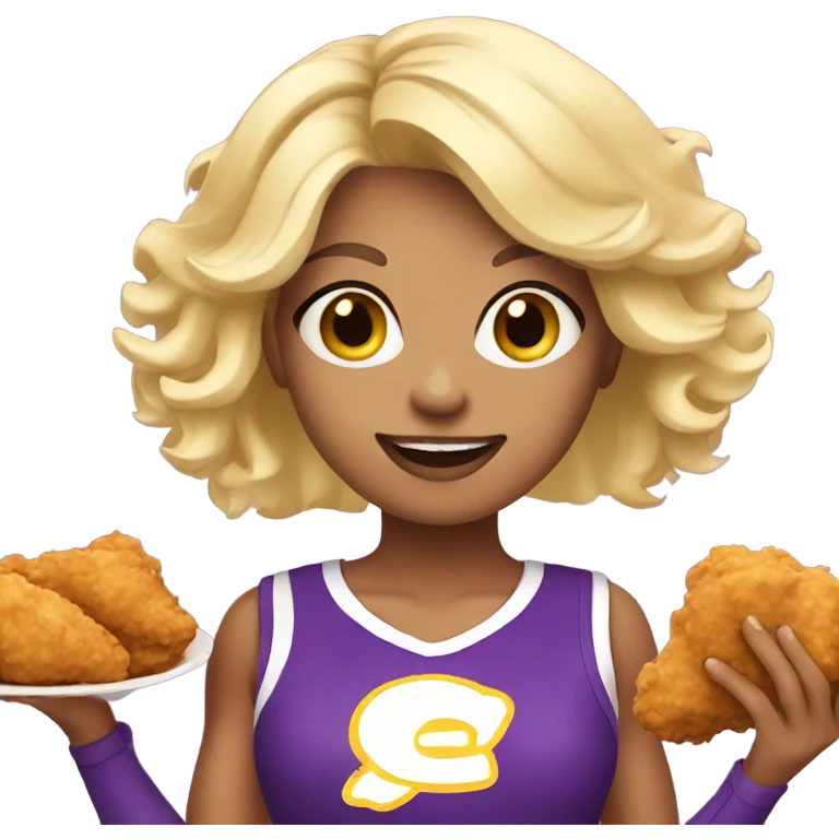blonde cheerleader holding fried chicken in a purple uniform emoji