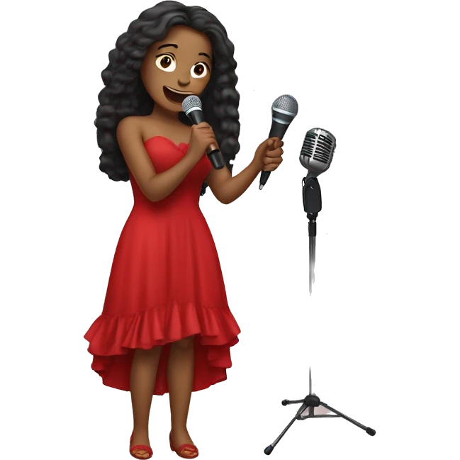 beautiful girl in a long red dress sings holding microphone in a hand  emoji