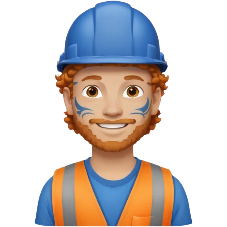 construction worker man ginger curly hair, blue helmet and face tattoo emoji