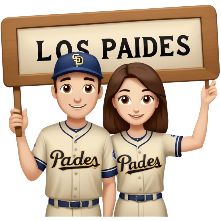 *White* Smiling couple. Woman has big cheeks and a lot of freckles on the nose. long brown hair. Man has black and very short hair and prominent eyebrows with egipcian nose. Both are wearing “Los Padres” baseball jerseys and with a sign that says “Go Padres!” emoji