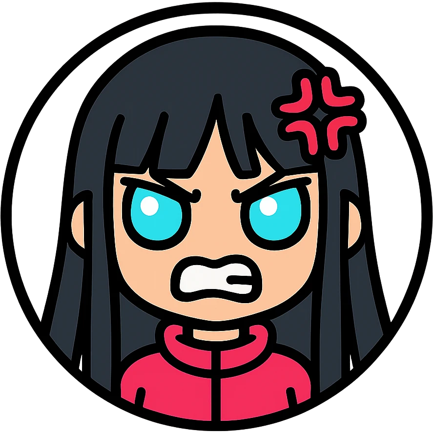 chibi cyberpunk girl with long straight black hair, large glowing neon-blue anime eyes, light peach skin, round face, small nose, soft cheeks, thin black line art, angry expression with fierce frown, gritted teeth, downward-slanted eyebrows, red anime anger symbol on right side of head, inside a thin black circle, pure white background emoji