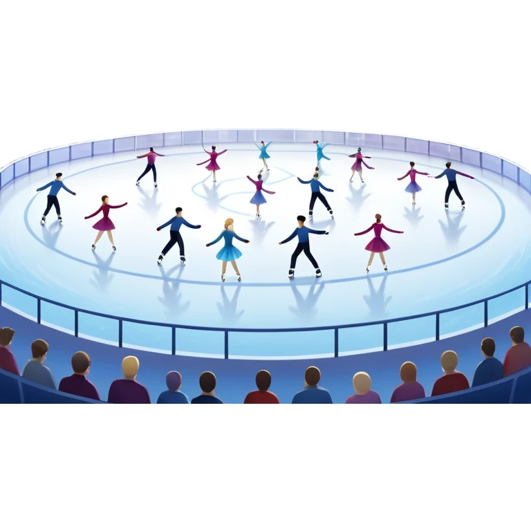 An icon showing a scenic ice rink with multiple figure skaters performing elegant moves under soft spotlight beams. Surrounded by audience stands and shimmering ice, the scene reflects harmony, grace, and the magic of figure skating. Transparent background included emoji