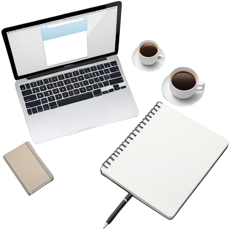 top view of a MacBook and a notebook with a pen nearby, different arrangement emoji