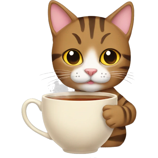 brown Tabby cat holding a cup of tea emoji