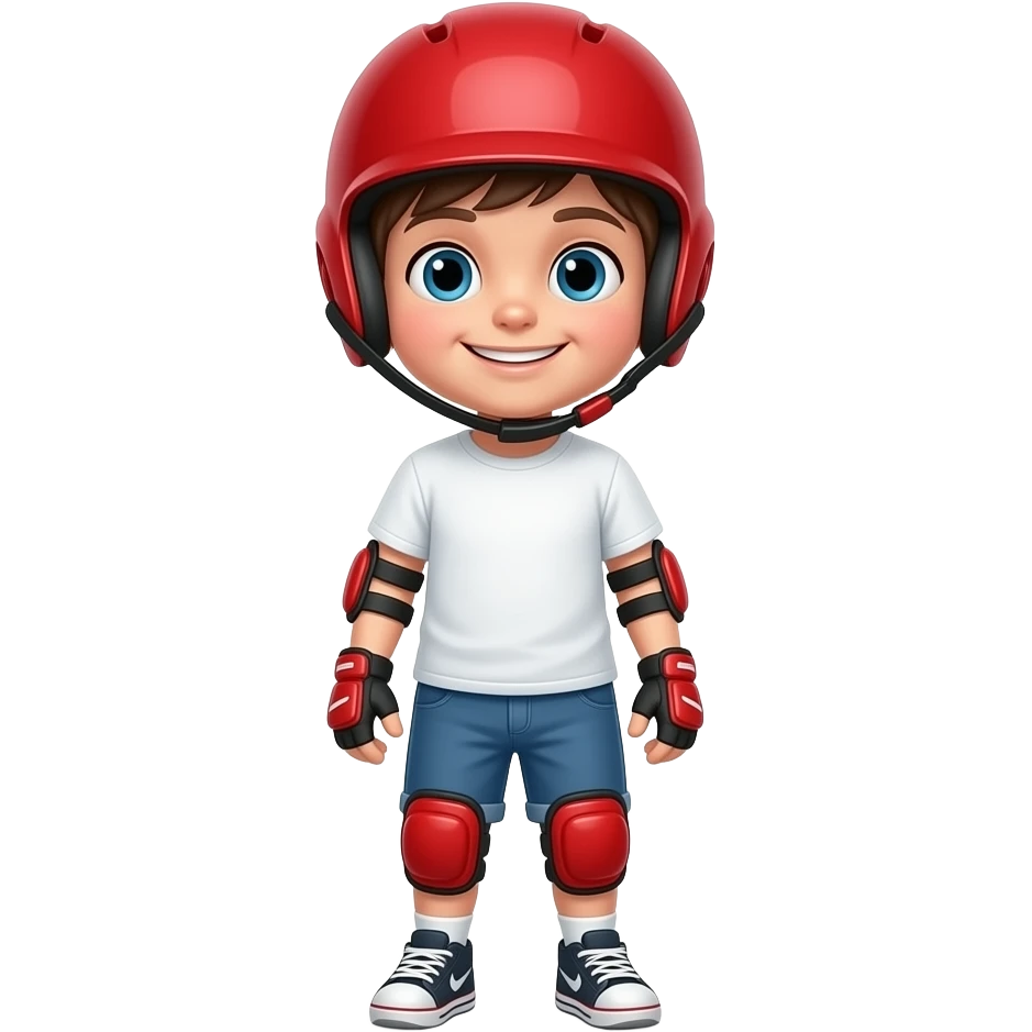 Child standing upright, wearing red elbow pads and knee pads, red helmet, ready-to-play expression, front-facing pose. emoji