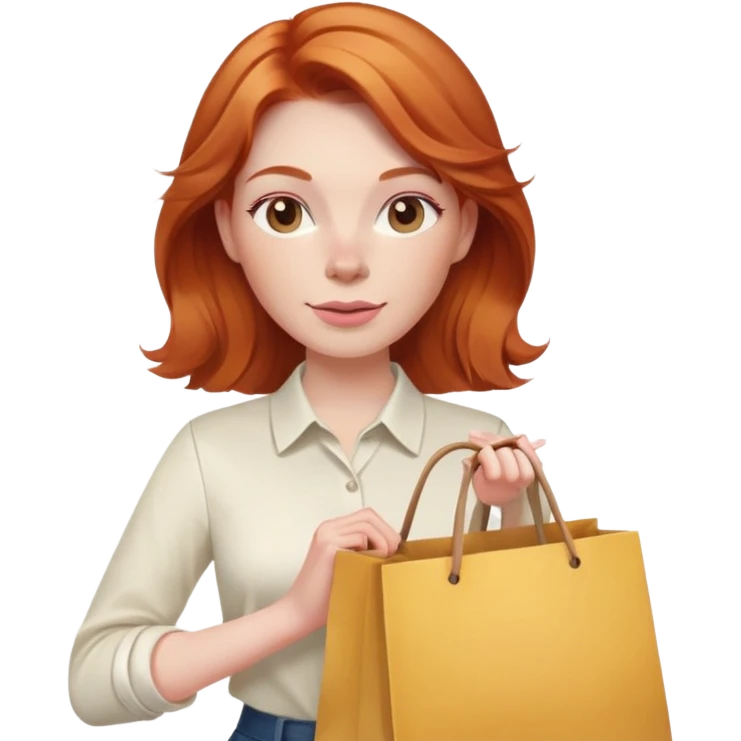 Shopping ginger woman pink cheeks long hair holding bags cream shirt emoji