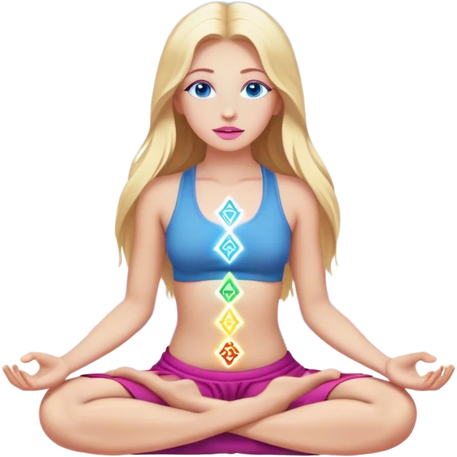 Cinematic realistic blonde with long hair, blue eyes and pink lips, meditating, her seven chakras glowing emoji