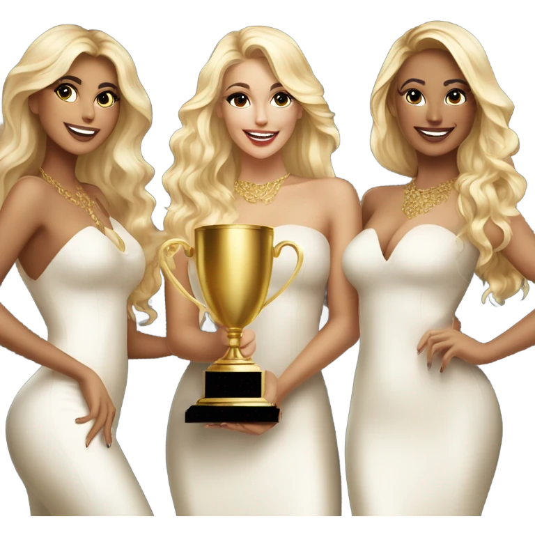 Seven beautiful and stylish blonde and Latina models celebrating with 1 huge gold trophy emoji
