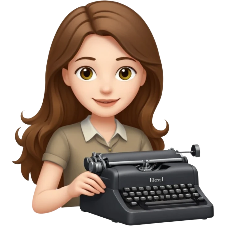 smiling white long brunette hair girl with hazel eyes laying typing on a typewriter emoji