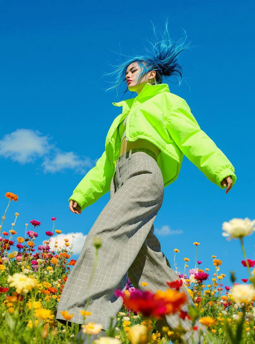 Closeup photo of a woman flying around colorfull flowers wearing alternative fashion, blue sky minimalistic background emoji
