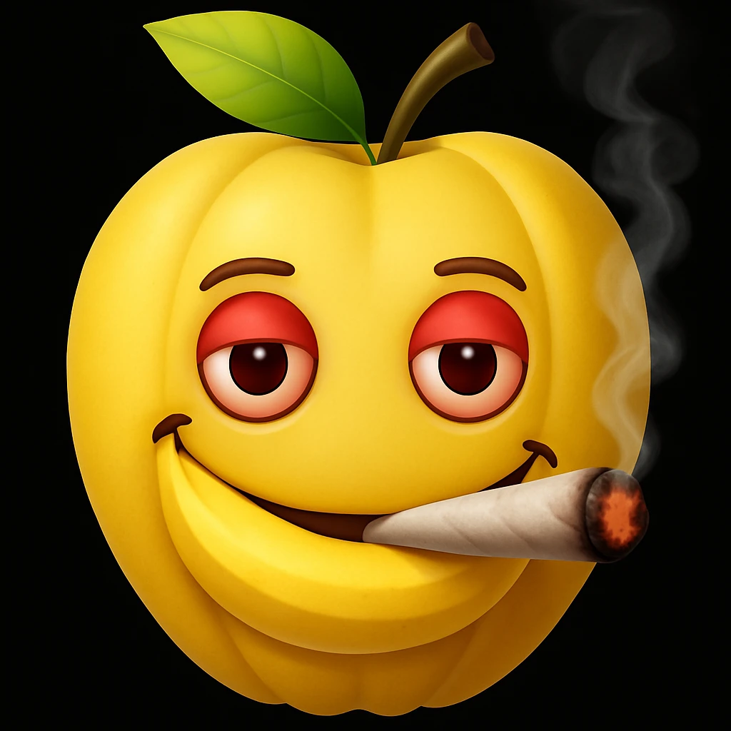 Add a cartoon joint with smoke to the smiley face made of apples as eyes and a banana as the mouth. Make it look like the face is smoking weed, keep the emoji style. emoji