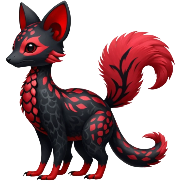 Feral Rare Fantasy shiny soft fuzzy furry vibrant tropical obsidian-black and crimson-red Vernid-Trico-species-creature by LiLaiRa, random markings, tufted tail, tufted ears, full body with markings emoji