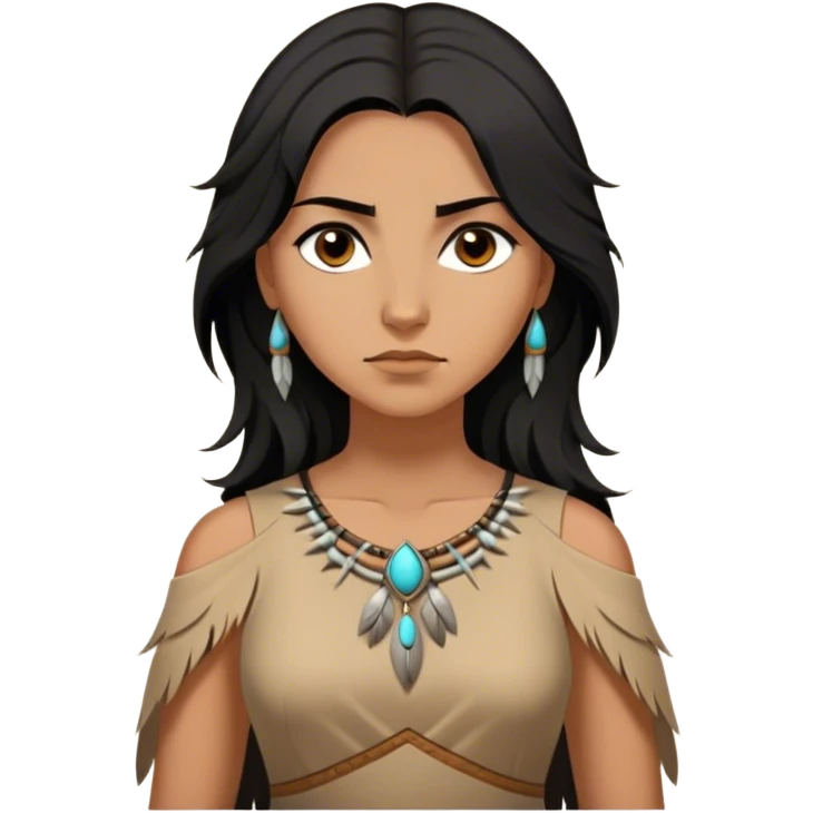 Cinematic Stunning Pocahontas Portrait Emoji, Windswept raven hair flowing behind her, deep brown eyes filled with wisdom and strength, glowing sun-kissed skin, wearing her elegant tan dress, the spirit of the wild in her expression, breathtakingly majestic! emoji