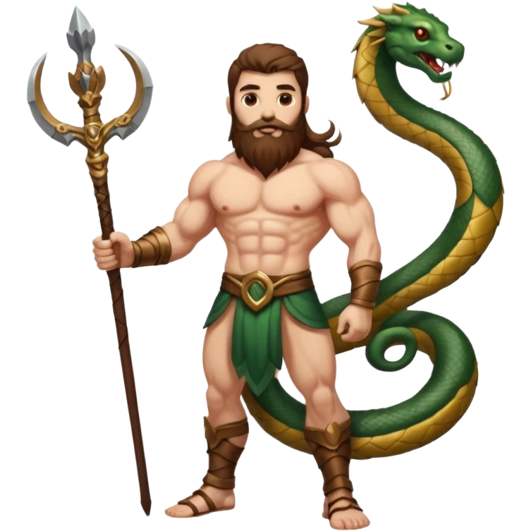 full body man long brown hair brown eyes medium beard white skin muscular build apple guardian with serpent staff emoji