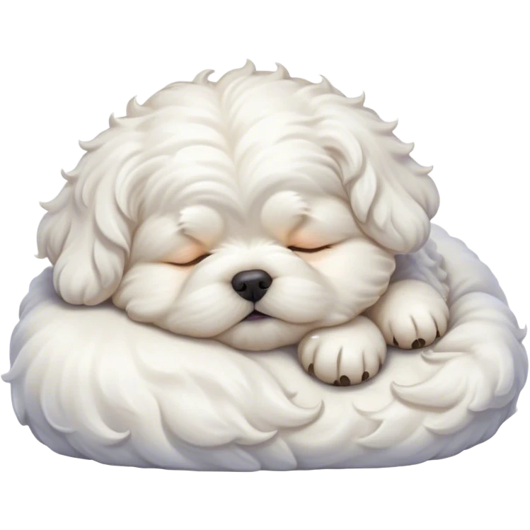 Cinematic Chubby Sleeping Wavy-Haired Maltese dog Portrait Emoji, Chubby and serene, with a round, adorable build and a soft, wavy-haired white coat, eyes gently closed in peaceful slumber, Simplified yet irresistibly endearing features, highly detailed, glowing with a gentle, dreamy glow, high shine, relaxed and content, stylized with a touch of whimsy, bright and heartwarming, soft glowing outline, capturing the essence of a blissfully sleepy companion, so comically serene it feels like it could roll out of the screen and snore with adorable charm! emoji