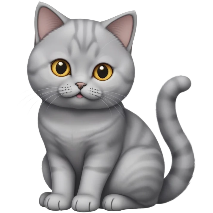 cinematic-[British shorthair cat]-realistic-full-body-sitting-emoji,-tail-curled-playfully-around-its-paws,-head-tilted-dramatically,-fluffy-[grey]-fur,-simplified-yet-hilariously-adorable-features,-highly-detailed,-glowing-with-an-almost-sarcastic-glow emoji