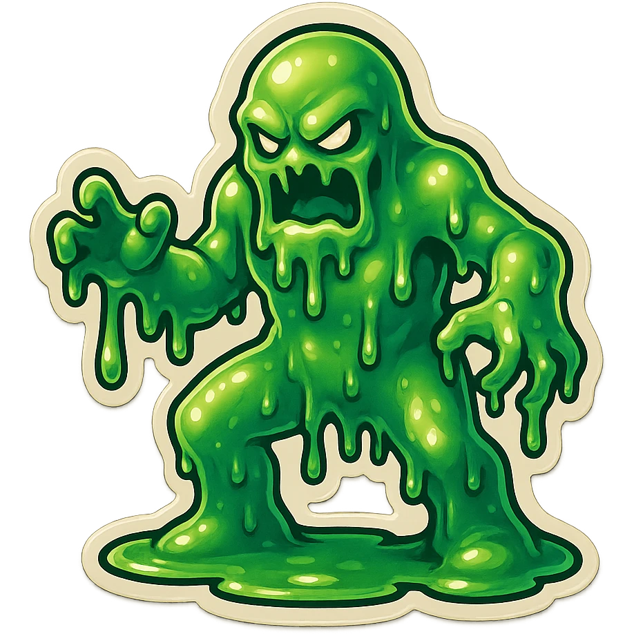 Slime monster. green slime. scary sinister. slime attacks. show full body. more dripping slime. talk humanoid slime creature. sinsiter and scary...green slime emoji