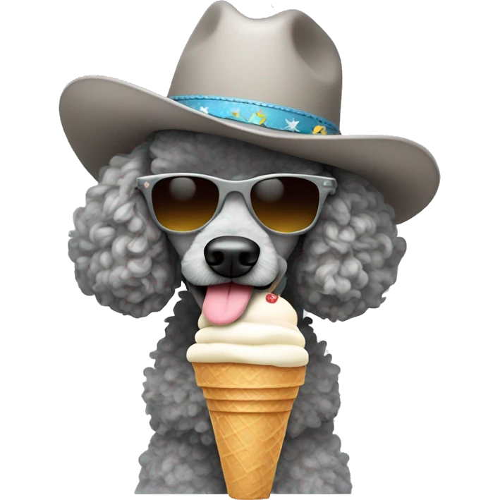 Grey poodle with sunglasses wearing cowboy hat eating ice cream emoji
