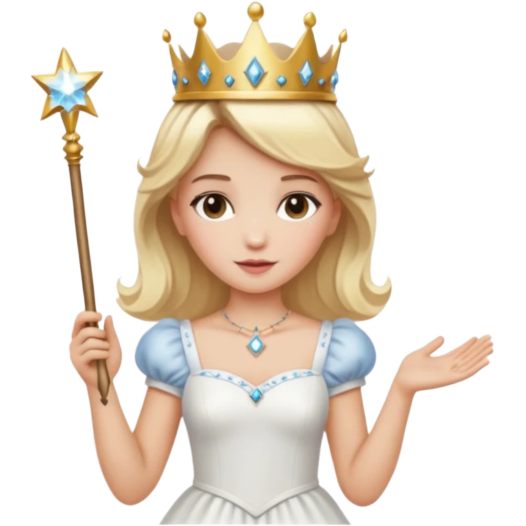 dorothy queen blonde hair, white dress with magic wand, rounded sparcle, and crown on head. emoji