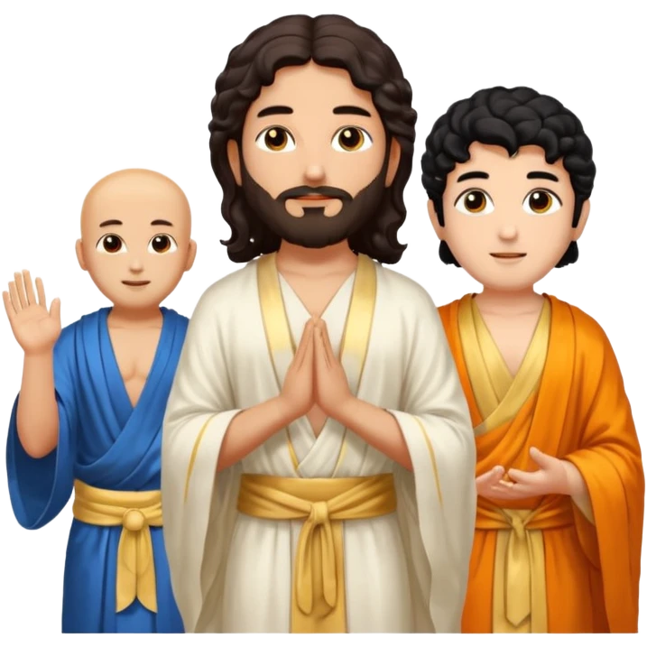 Create a Jesus, Krishna, and Buddha standing together. Jesus: long wavy dark-brown hair, short beard, wearing a simple white robe. 

 emoji