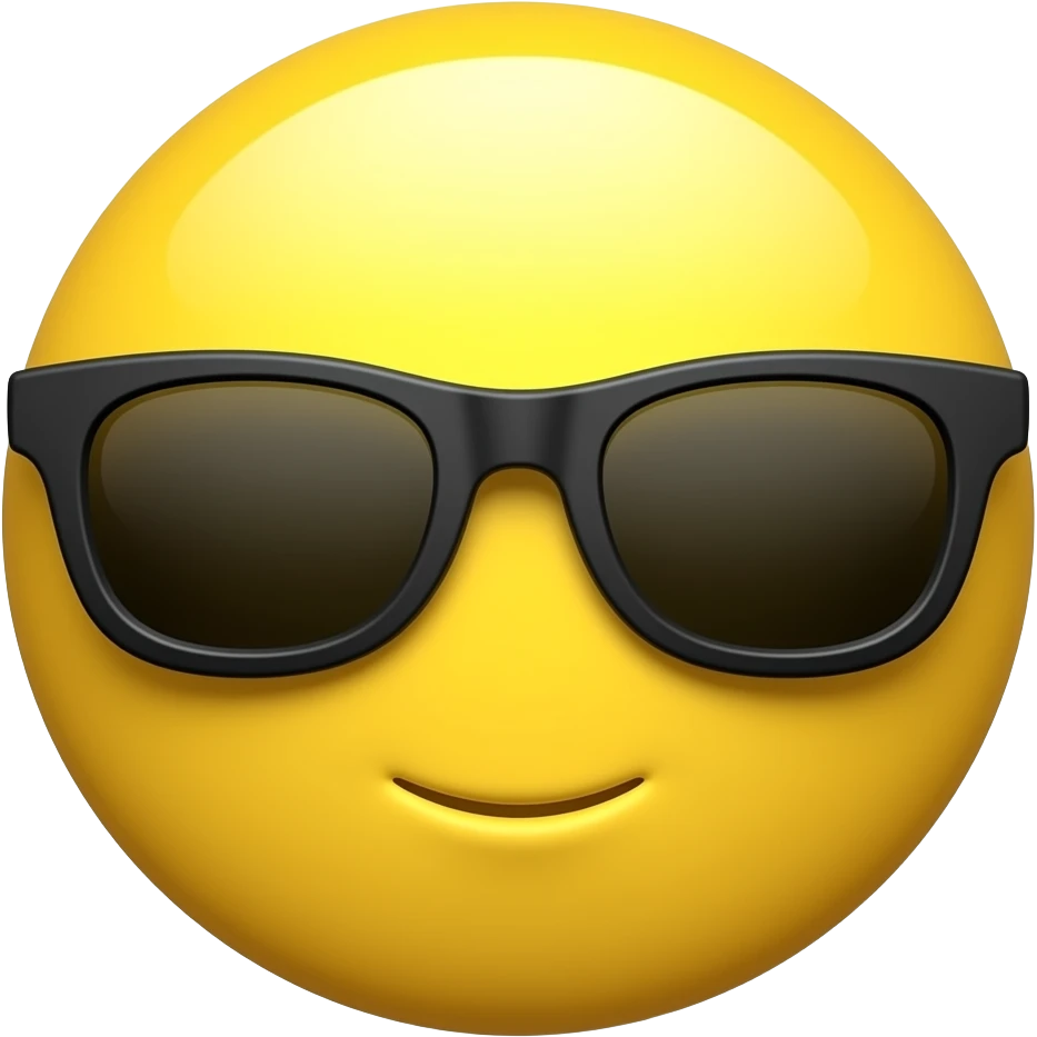Emoji de cara redonda amarilla con gafas de sol oscuras, la luz se refleja en su superficie, . que el fondo sea negro con la boca cerrada normal emoji
