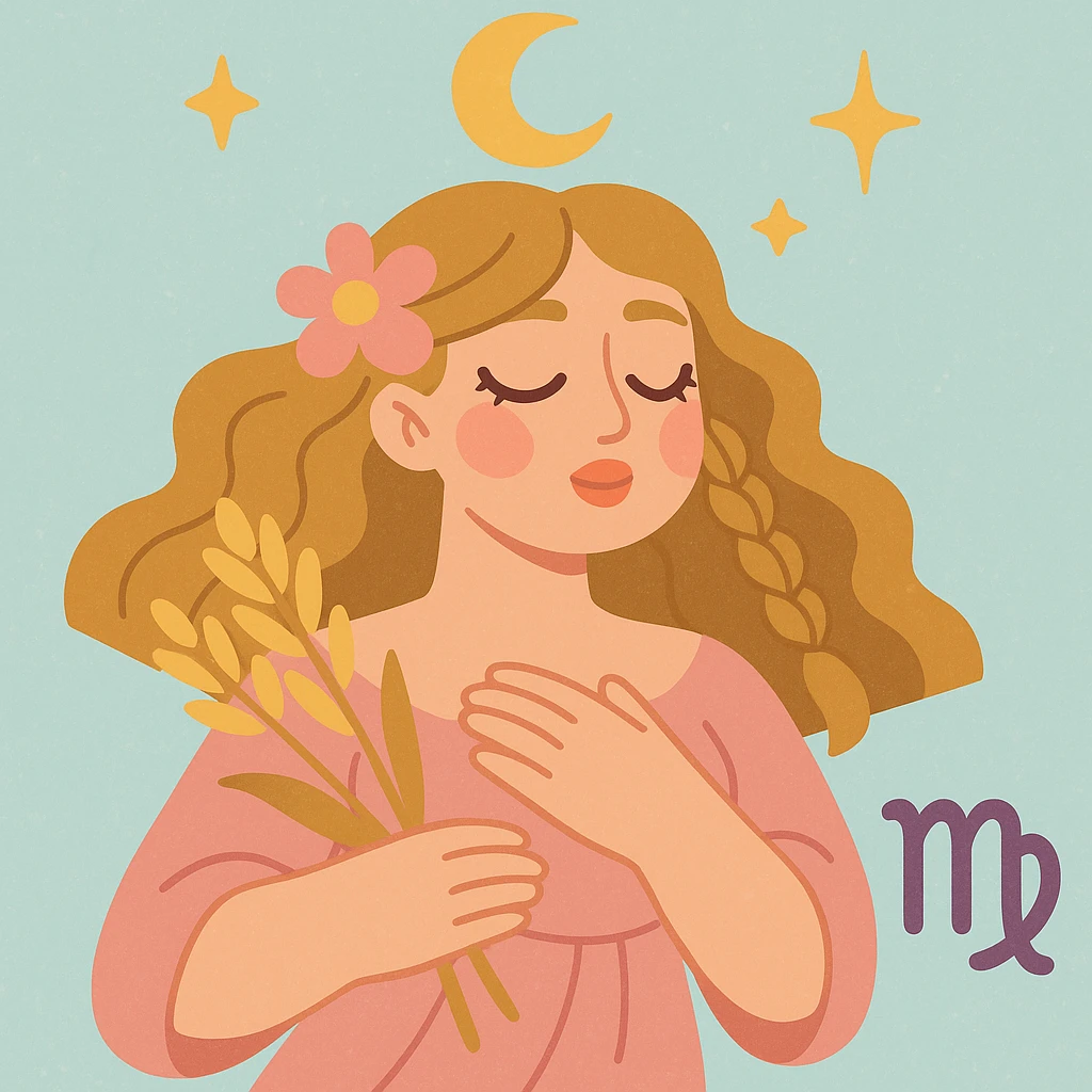 Virgo zodiac sign illustrated as a mystical maiden, soft pastel colors, dreamy aesthetic emoji