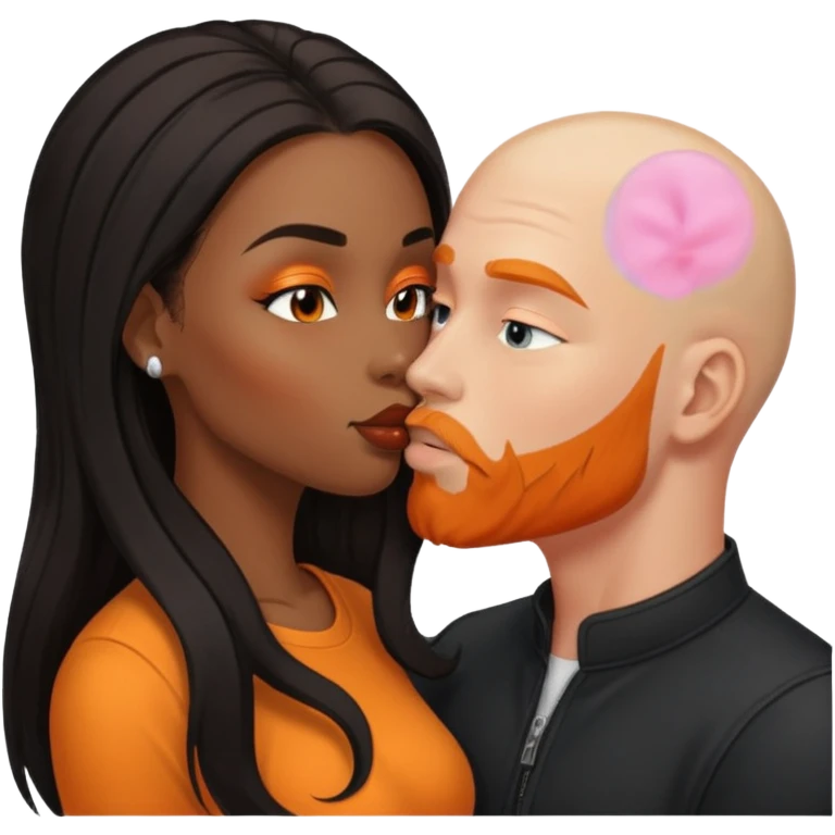 ebony black women with long balayage brown/black hair.  She is kissing bald white man. The White man is pale has orange facial hair emoji