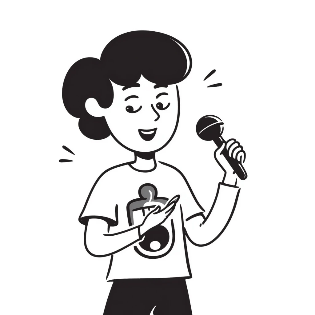 enthusiastic musician with wide smile holding microphone and pen, energetic expression emoji