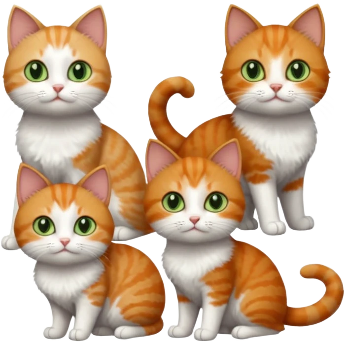 full body of 3 tiny short hair cats including a dark grey and white cat with green eyes, a ginger and white with orange eyes and a brown tabby and white with hazel eyes emoji