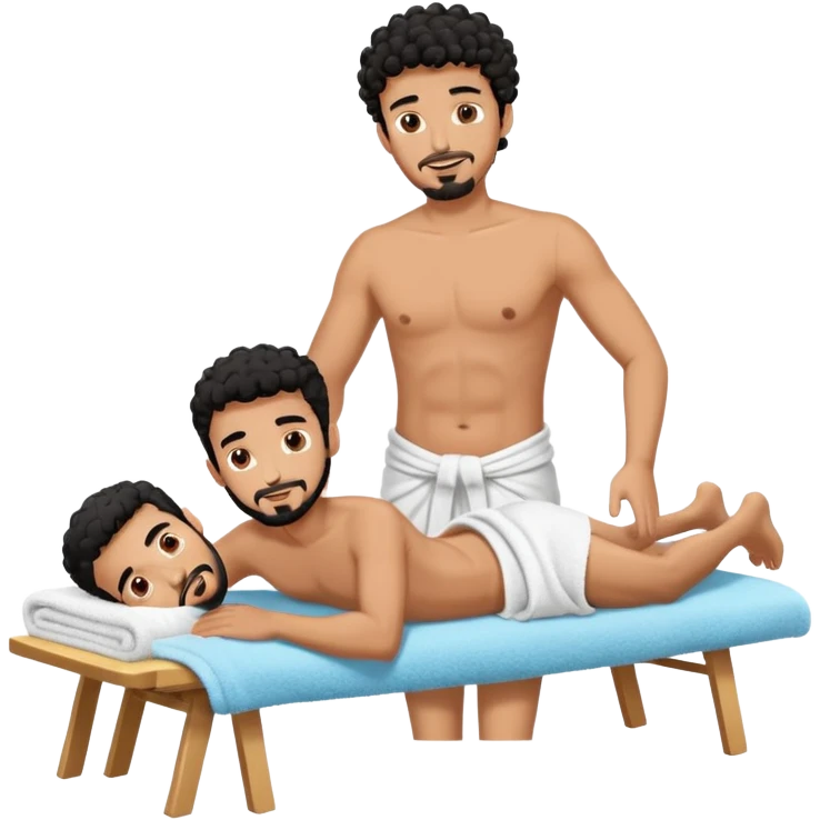 Gebräunter Manm nur mit handtuch um den unterkörper (araber mit schwarzen locken und ziegenbart) bekommt ganzkörpermassage von einem anderen mann emoji