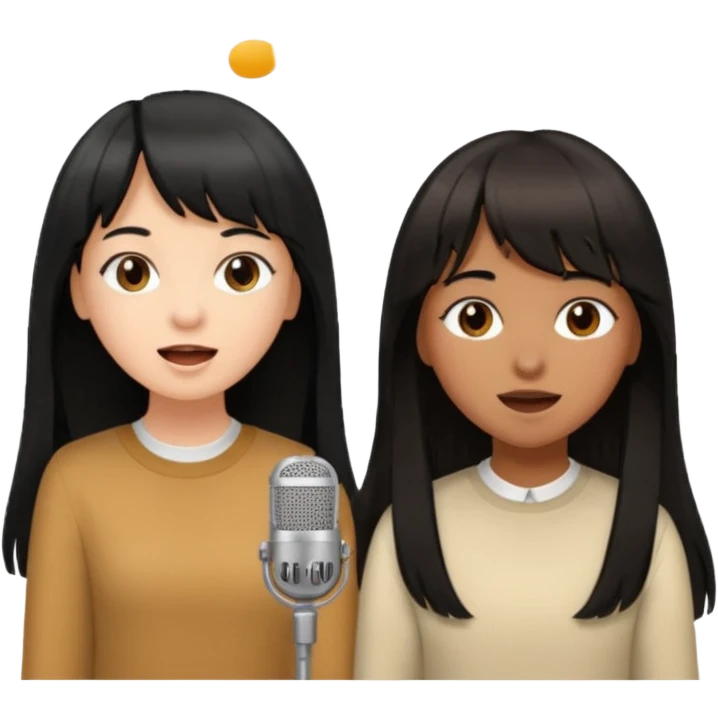two girls a brown girl with long black hair and a white girl with bangs and light brown medium length hair singing together  emoji