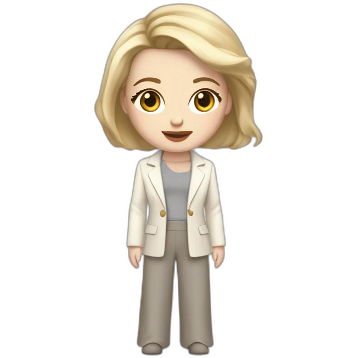 pale skin woman with ash blonde Straightened bob Hair, White Spacious classical jacket, beige palazzo Arrow pants and gray blouse holding a MacBook in the hands emoji