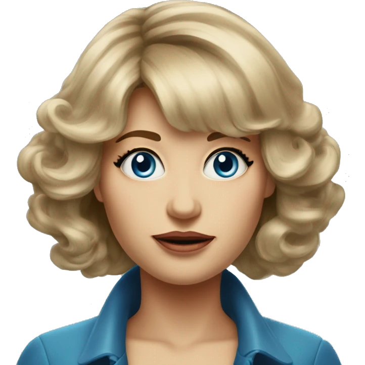 Medium length Dirty blonde big hair with bangs all across forehead and sides swept away from face woman of 60 with blue eyes  emoji