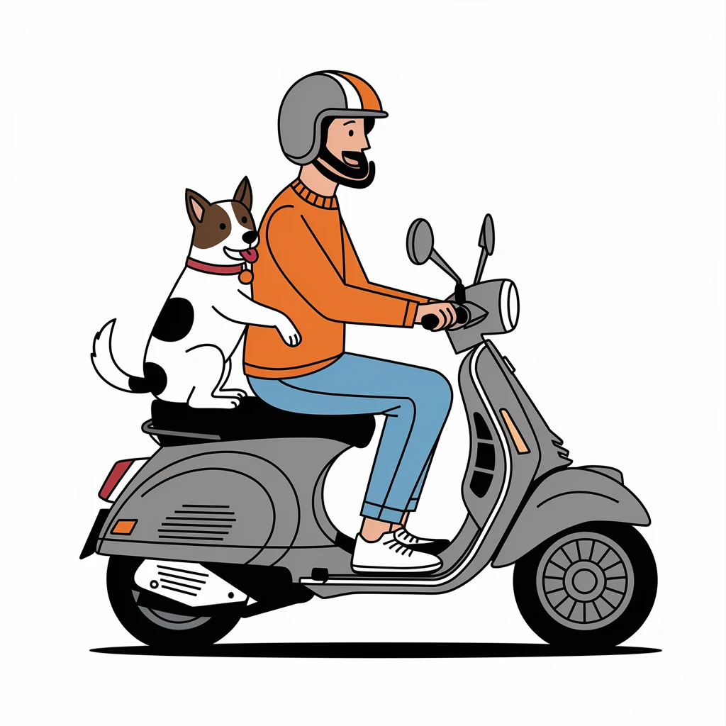 man and his pet dog riding a vespa emoji