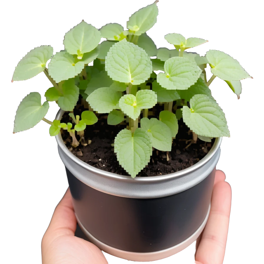 Young sprouts of Plectranthus Verticillatus with perfectly circular coin-shaped leaves in a silver metallic pot emoji