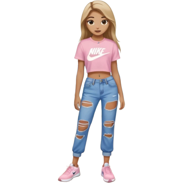 preppy teenage girl, tan, less blonde highlights, brown long hair, long eyelashes, beach aesthetic, wearing cute clothes, wearing ripped blue long baggy jeans with a light pink sexy crop top, wearing Nike shoes, very sexy, very long eyelashes, very pretty emoji