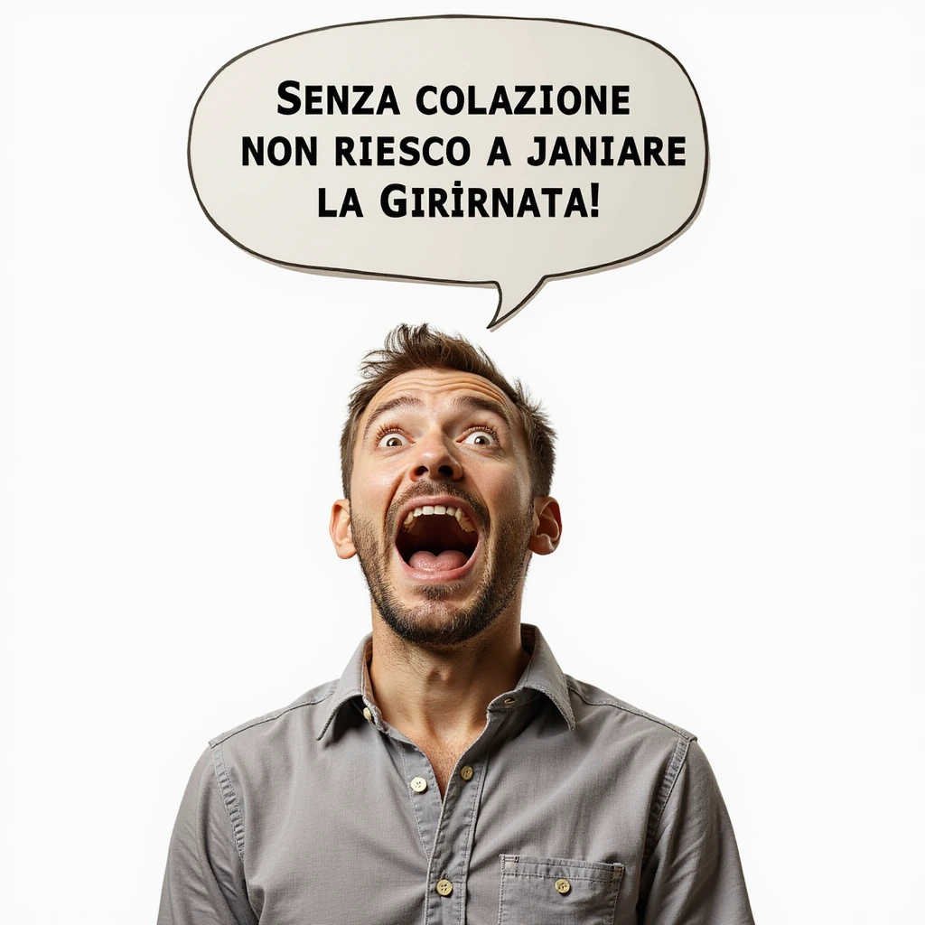 hyperrealistic 4K man isolated on white background, speech bubble saying 'Senza colazione non riesco a iniziare la giornata', funny expression, realistic details, different pose, variant 5 emoji